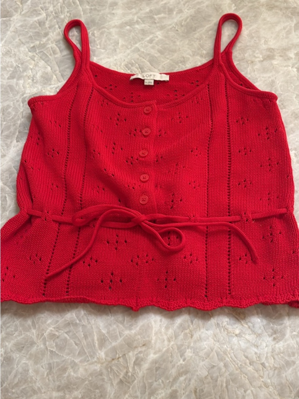 LOFT Red Knit Eyelet Button-Front Camisole with Tie